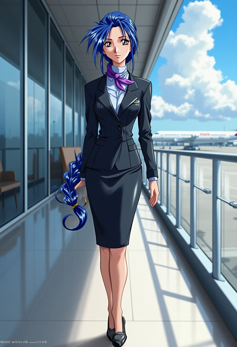 A detailed solo portrait of sugimura hiroko
<lora:innai_kansen_sugimura_hiroko_flux_v1_4-000010:1>,,,
She is standing in a futuristic airport, with sunshine, blue sky and white cloud in the background. She wears a sleek and professional airline attendant uniform inspired by Japanese aesthetics, similar to the uniforms of ANA (All Nippon Airways). The uniform should consist of a tailored black jacket with a subtle sheen, featuring a structured, fitted design with long sleeves and a single-button closure. Beneath the jacket, the attendant wears a light blue collared shirt, neatly tucked into a matching knee-length pencil skirt. Around the neck is a silk scarf in a vibrant, bold color such as purple or blue, tied elegantly to add a touch of flair and sophistication. The outfit is complemented by sheer black tights and polished black dress shoes with low heels, designed for both style and comfort. She looks mature, gentle and elegant. She is looking at the viewer with a beautiful smile.