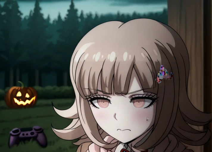 (((solo))), ))She has an grateful expression . (((closed mouth))), masterpiece, best quality, <lora:Chiaki_Nanami_Illustrious:1>, In the art style of Rui Komatsuzaki, artist: Rui Komatsuzaki,  This is an anime screencap from Danganronpa 3.  Chiaki Nanami's wearing her uniform from Danganronpa 3. Chiaki Nanami has short hair that slightly curls outwards, though the locks on either side of her face curl inwards. Chiaki Nanami's hair is a dusty light pink that is almost light brown. Chiaki has short straight bangs split towards the right, a white Galaga hairclip pinned to a lock of her hair. Chiaki Nanami has blossom pink eyes. Chiaki's uniform consists of a white button-up dress shirt with a red ribbon tied in a bow at the collar, with a warm brown blazer with a cream-colored hooded cardigan underneath her blazer. She also sports black thigh-high socks and light pink Mary-Jane style shoes with white soles.  Chiaki Nanami wandering through an eerie, fog-covered forest on Halloween night, with glowing jack-o'-lanterns lighting her path. The shadows of old, twisted trees loom above her, and she is curiously inspecting a mysterious game controller she found on the ground.