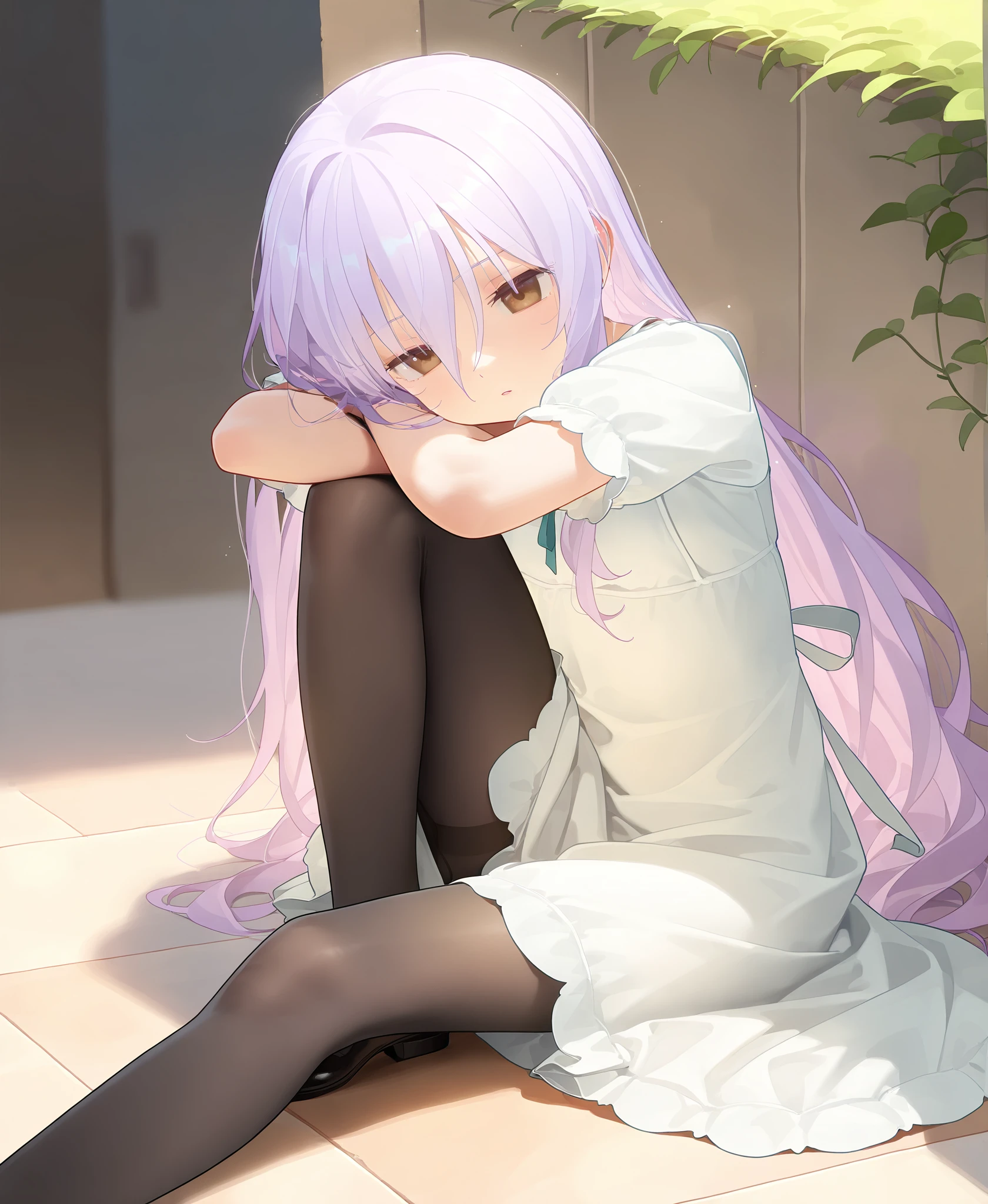 <lora:nyalia:0.7>,nyalia,(artist:tianliang duohe fangdongye:0.7),masterpiece,best quality,absurdres,very aesthetic,solo,1girl,lilac_hair,hair between eyes,very_long_hair,brown eyes,frontlight,white_dress,black pantyhose,sitting,<lora:Mayuki_NoobAI:0.9>,