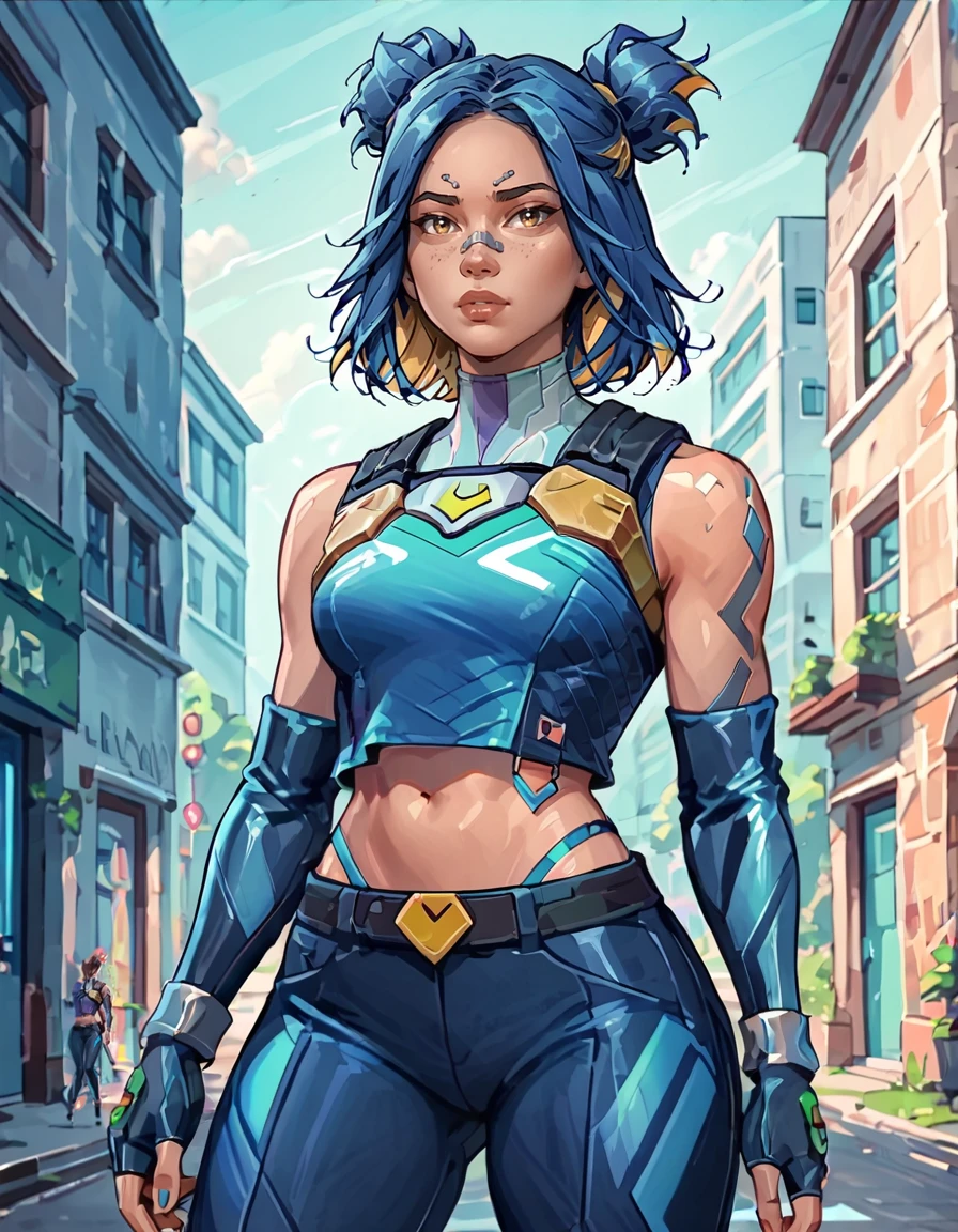 (best quality,4k,8k,highres,masterpiece:1.2),ultra-detailed,(realistic,photorealistic,photo-realistic:1.37),Ami Mizuno as a Mad Max survivor in the Westland,deserted post-apocalyptic world,dusty landscape,harsh sunlight,burning orange sky,gritty and distressed,ripped and tattered clothing,utility belt with survival tools,protective goggles covered with dust,Ami's bright blue hair flowing in the wind,determined and fierce expression,holding a modified high-tech weapon,scanning the horizon for danger,thick layers of dirt and grime on her face and hands,imposing scar across her cheek,distant ruins of a futuristic city in the background,Ami's transformation into a hardened warrior,blending her intelligence and strength,creating an iconic and empowering image,combining anime style with the gritty aesthetics of Mad Max.