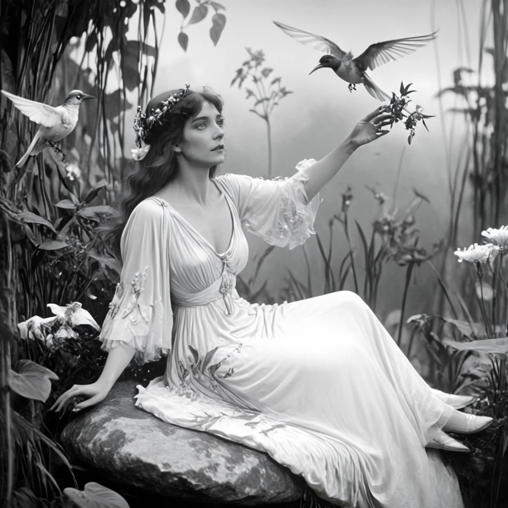 <lora:1900s_Drama_MovieSDXL:1> ArsMovieStill, movie still from a 1900s drama movie, The image shows a woman in a white dress sitting on a rock surrounded by plants and flowers with a bird flying in the air above her., 1girl, greyscale, monochrome, bird, dress, flower, sitting, solo, nature, hair ornament