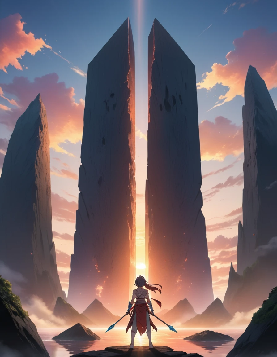 Anime, body shot of a Tribal ral-flisl, Stale Monolith in background, at Sunrise, soft lighting, 35mm, manga, <lora:ral-flisl:1>, positive emotional, luxurious, perfect composition, fabulous colors, complex, theatrical, inspired, magical composition, sublime, cute, fine detail, dynamic cinematic perfect background