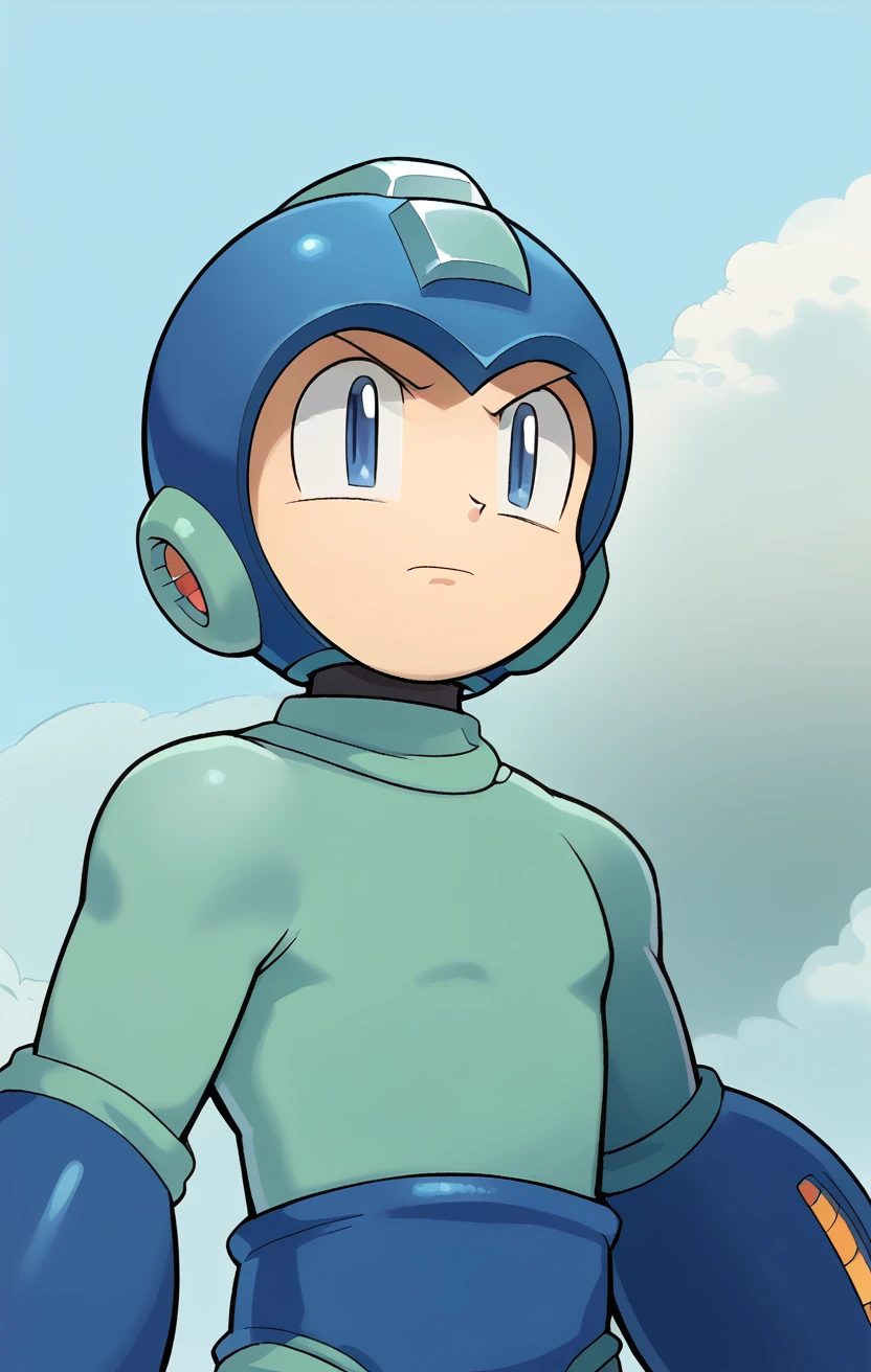 score_9, score_8_up, score_7_up, source_anime, absurdres, highres, standing, 1boy, solo, upper body, blue sky, <lora:PDXL_OGMegaman-000015:1.0> m4gam4nog, mega man \(character\), helmet, bodysuit, right arm cannon, closed mouth