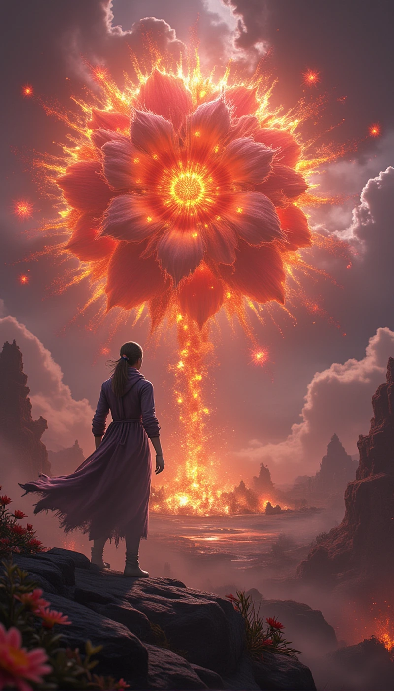 cg,a woman in pvc jumpsuit infront a beautiful giant flower composition with flower explosion , landscape,adult woman, cosmic surrealism,sunset, hyper realistic,hyper detailed, warm lighting,cinematic,masterpiece,Alien Landscape Fractals