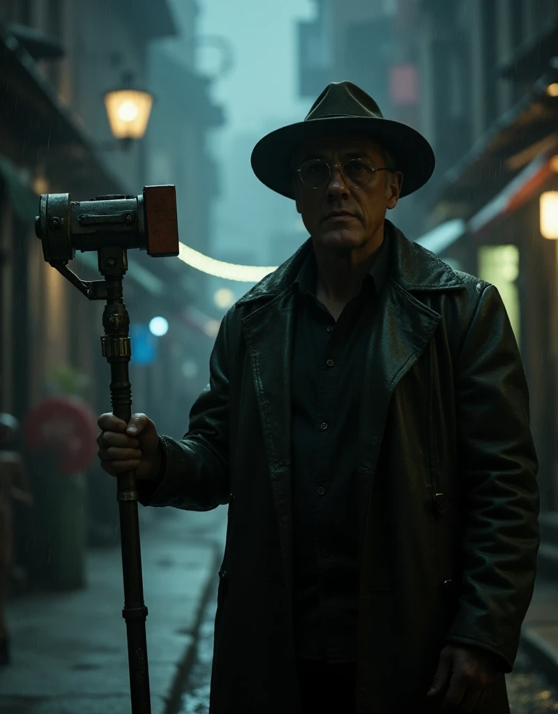 Dyson Ido, a man with a hat and glasses and a long jacket. He is standing in a cuberpunk dark alley in the rain. He holds a stick with a hammer in the shape rocket on top <lora:DysonIdo:0.9>