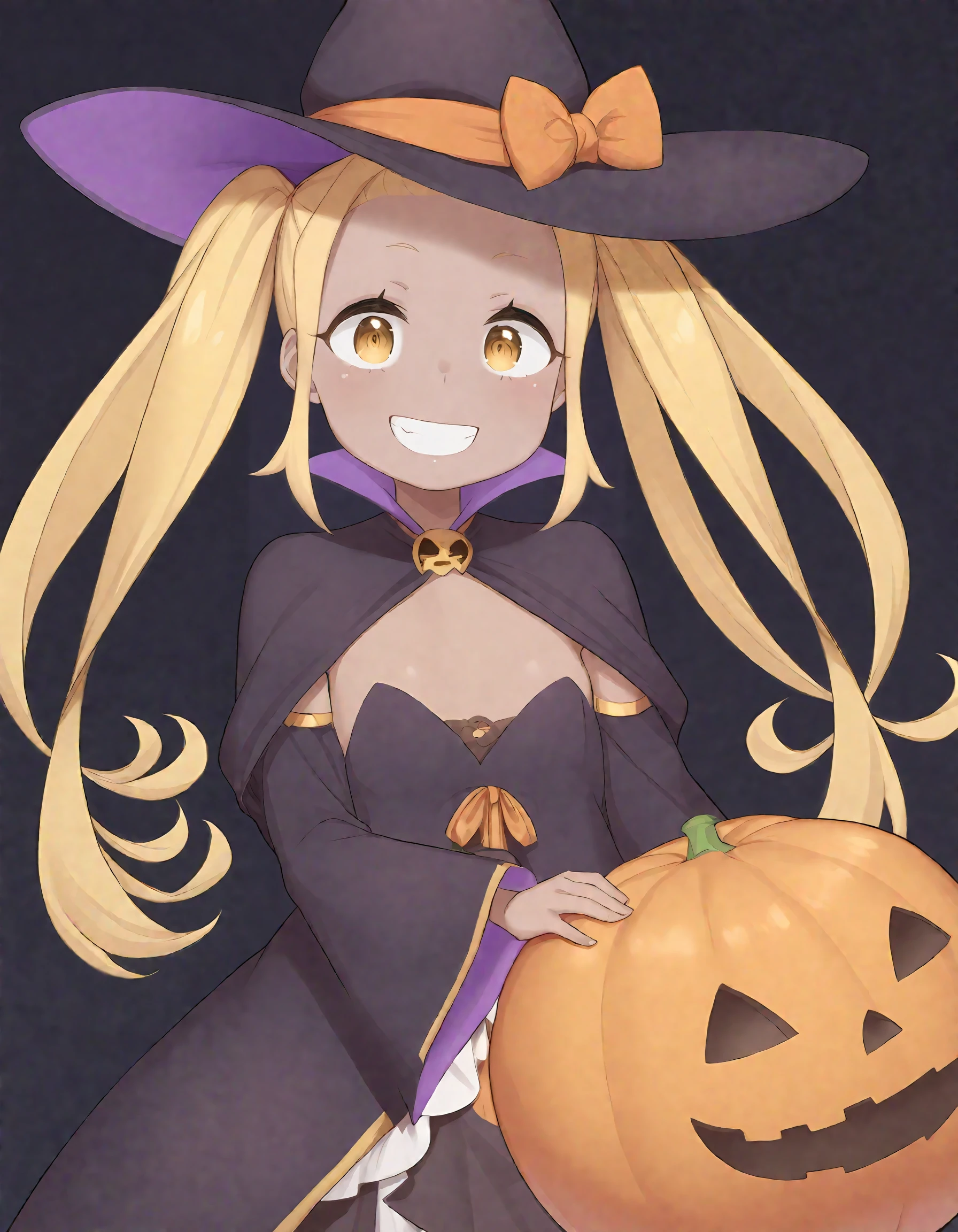 liliana_masquerade, blonde hair, twin tails, long hair, dark skin, dark-skinned female, yellow eyes, Halloween outfit, cheeky grin, pumpkins,  witch hat, looking at viewer, simple black background <lora:Liliana_Illustrious:1>