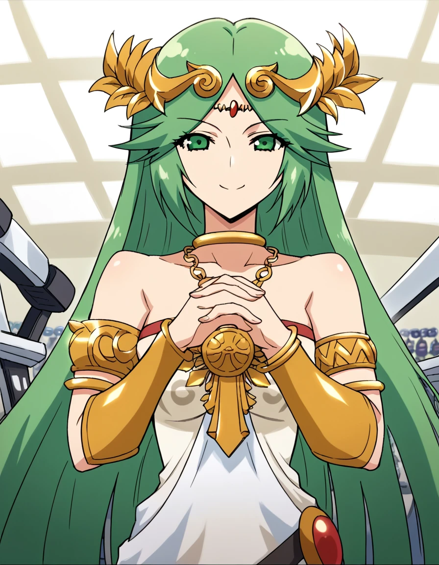 score_9, score_8_up, score_7_up, source_anime, <lora:palutena-trailer-ponyxl-lora-nochekaiser:1>, palutena, long hair, bangs, very long hair, green eyes, green hair, parted bangs,, dress, bare shoulders, jewelry, necklace, white dress, strapless, tiara, strapless dress, armlet, neck ring, gold,, gym, weights, treadmill, mirrors, exercise, smile, <lora:gendou-pose-ponyxl-lora-nochekaiser:1>, gendou pose, own hands clasped, own hands together, parody,, looking at viewer, solo,, dutch angle, cowboy shot