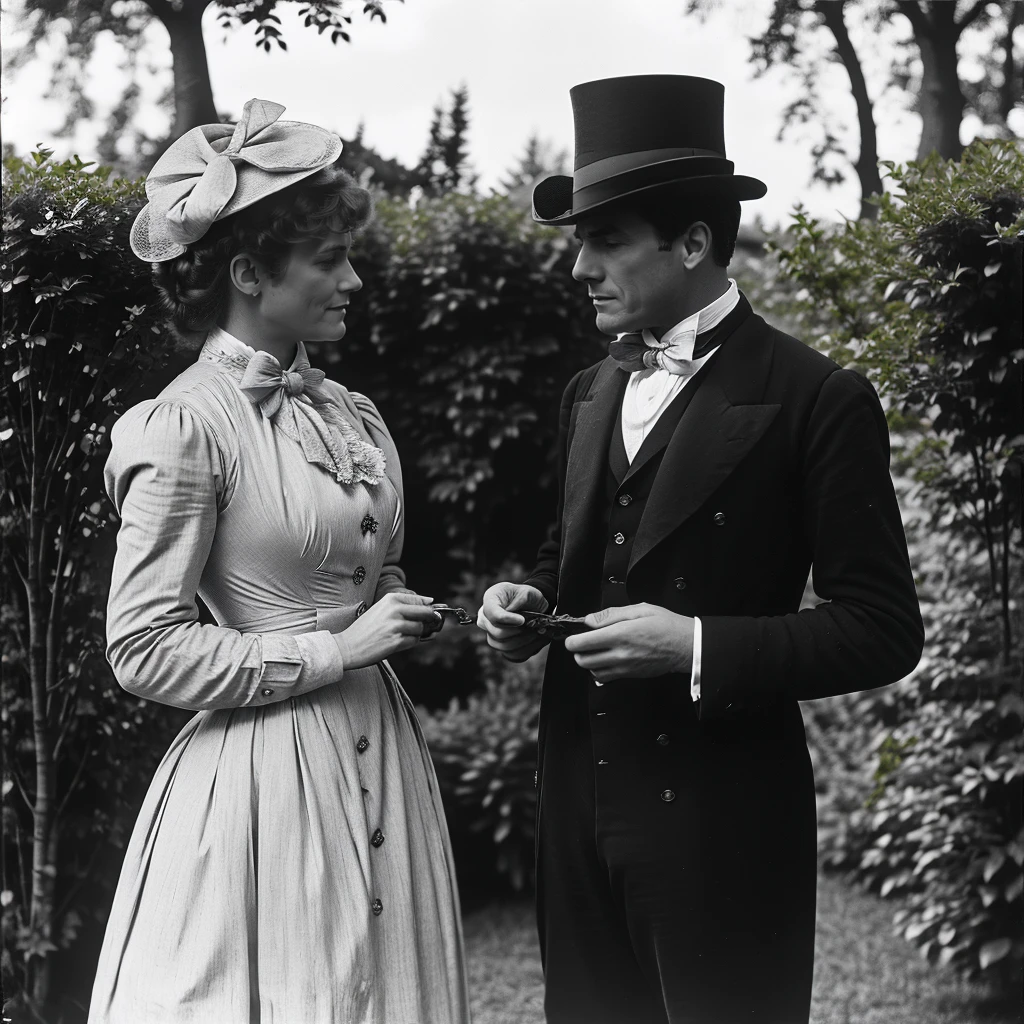 <lora:1900s_Drama_Movie:1> ArsMovieStill, movie still from a 1900s drama movie, The image shows a man and woman standing next to each other in a garden. The man is wearing a top hat and the woman is holding something in her hand. The background of the image is filled with trees and a clear sky. The image is in black and white., 1girl, monochrome, greyscale, dress, 1boy, hat, formal, bowtie, hetero, bow