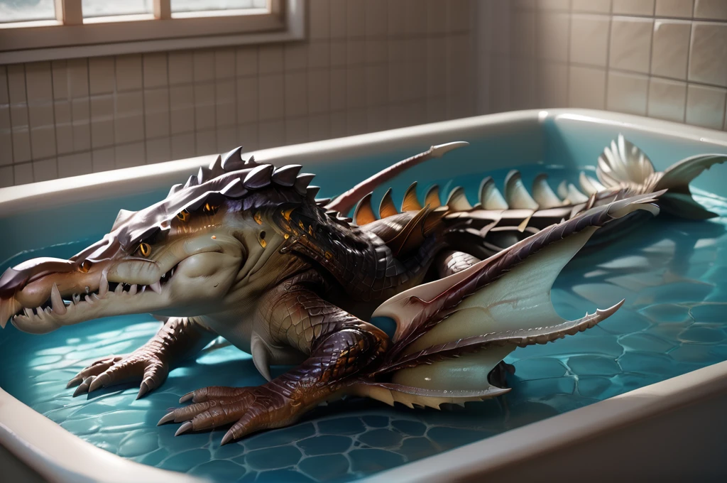 source_furry, score_9, score_8_up, score_7_up, (sahagin_xv, gator, monster), scalie, detailed scales, yellow eyes, detailed eyes, sharp teeth, elbow fins, claws, tail, <lora:FF_SahaginPony03:0.8>, indoors, bathroom, lying in bath, underwater, lying on stomach, water, zPDXL2, zPDXLpg, zPDXLrl, shaded, best quality, highly detailed, extreme detail, photorealistic