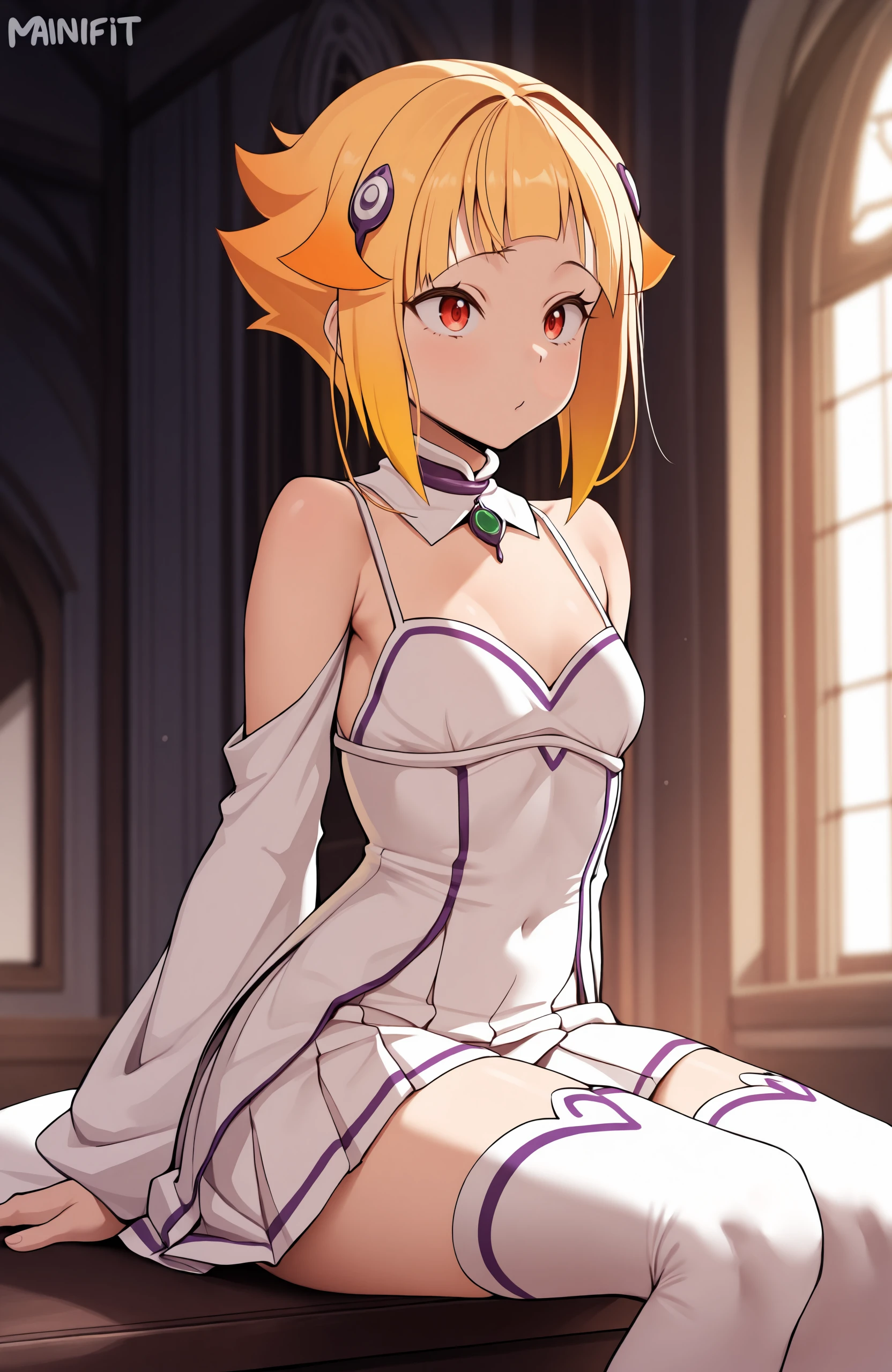 masterpiece, best quality, good quality, newest, <lora:Capella-ReZero-Illustrious-V1:1>, CEL, 1girl, red eyes, blonde hair, gradient hair, orange hair, short hair, sidelocks, white dress, Emilia, MainFit, detached sleeves, loose clothes, small breasts, hair ornament, detached collar, sitting, indoors, white skirt, pleated skirt, white thighboots, solo