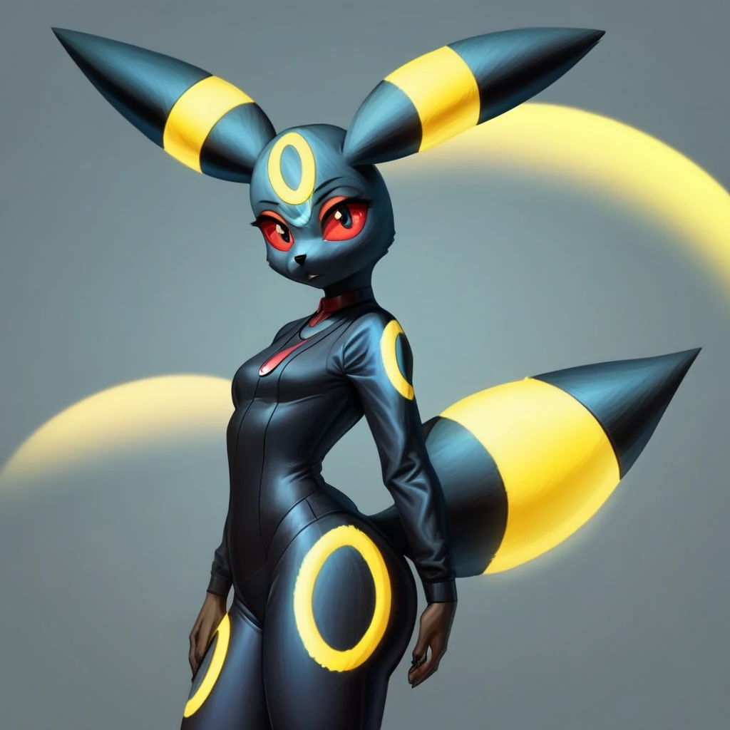 ((((umbreon)))), (((Pokémon character))) anthro, 1girl, furry, simple background, anime, hyper realistic, standing up staring at viewer, full character,