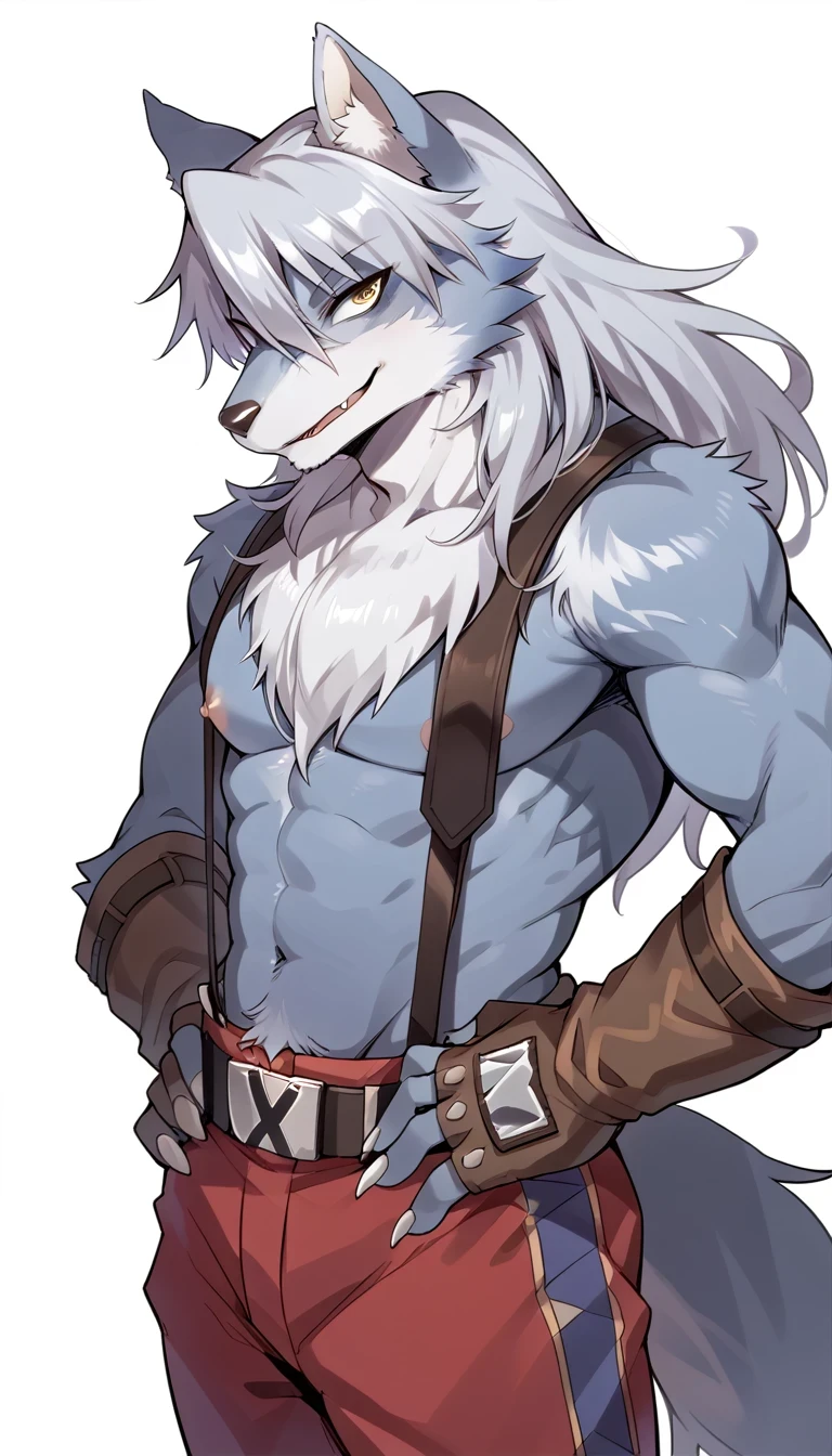 (((score_9, score_8_up, score_7_up, high quality, hires))), wolfy, furry male, furry, male, solo, 1boy, 1boy, male focus, furry male, solo, furry, long hair, white background, pants, topless male, gloves, tail, fang, smile, simple background, hands on hips, fingerless gloves, looking at viewer, animal ears, werewolf, wolf tail, red pants, suspenders