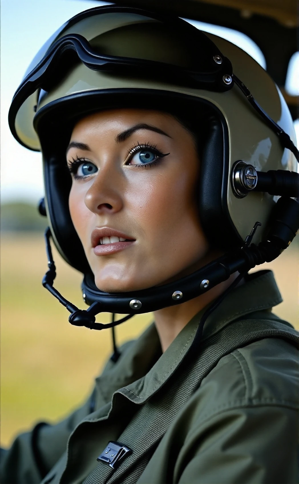 A highly detailed professional photograph of a young brunette woman, Nikkala, working as a helicopter pilot, wearing a helmet and a military flight suit, bokeh, SFW<lora:Nikkala_Stott-000015:1>