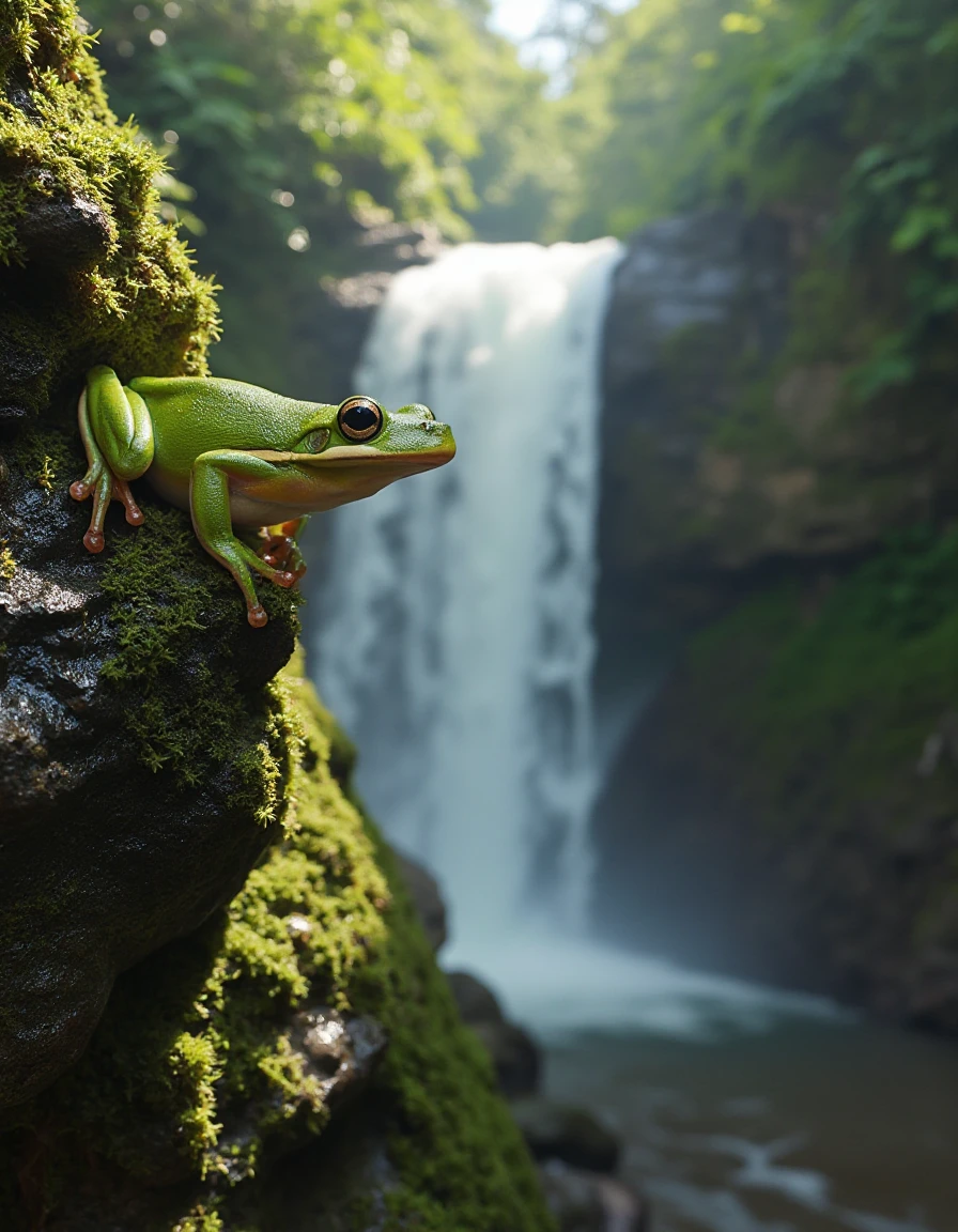 In the heart of a lush, verdant rainforest, a vivid photograph captures the enchanting KGR_HYLA_CINEREA_FLUX, or the vibrant green treefrog, as it clings tenaciously to a moss-covered rocky cliff face. The frog's smooth, jade-green skin glistens in the dappled sunlight, which breaks through the dense foliage above, creating a kaleidoscope of sparkling highlights. Beneath it, a majestic waterfall cascades down the cliff, its crystal-clear waters tumbling over jagged rocks with a thunderous roar, creating a mist that swirls and dances in the amber light.
Around the frog, soft droplets of water cling to the rocky surface, adding a jewel-like quality to the scene, while the air is rich with the earthy aroma of wet stone and damp foliage. The mist envelops the frog in a gentle embrace, giving it an ethereal appearance as it peers curiously with its large, expressive eyes, which seem to reflect the vibrant greens and blues of its surroundings. The backdrop is alive with the sound of rushing water and the distant chirping of cicadas, adding a dynamic energy to the serene yet vibrant atmosphere of this secluded oasis in nature.
<lora:kgr-hyla-cinerea-flux-v01:1>
<lora:FLUX.1-Turbo-Alpha:1>