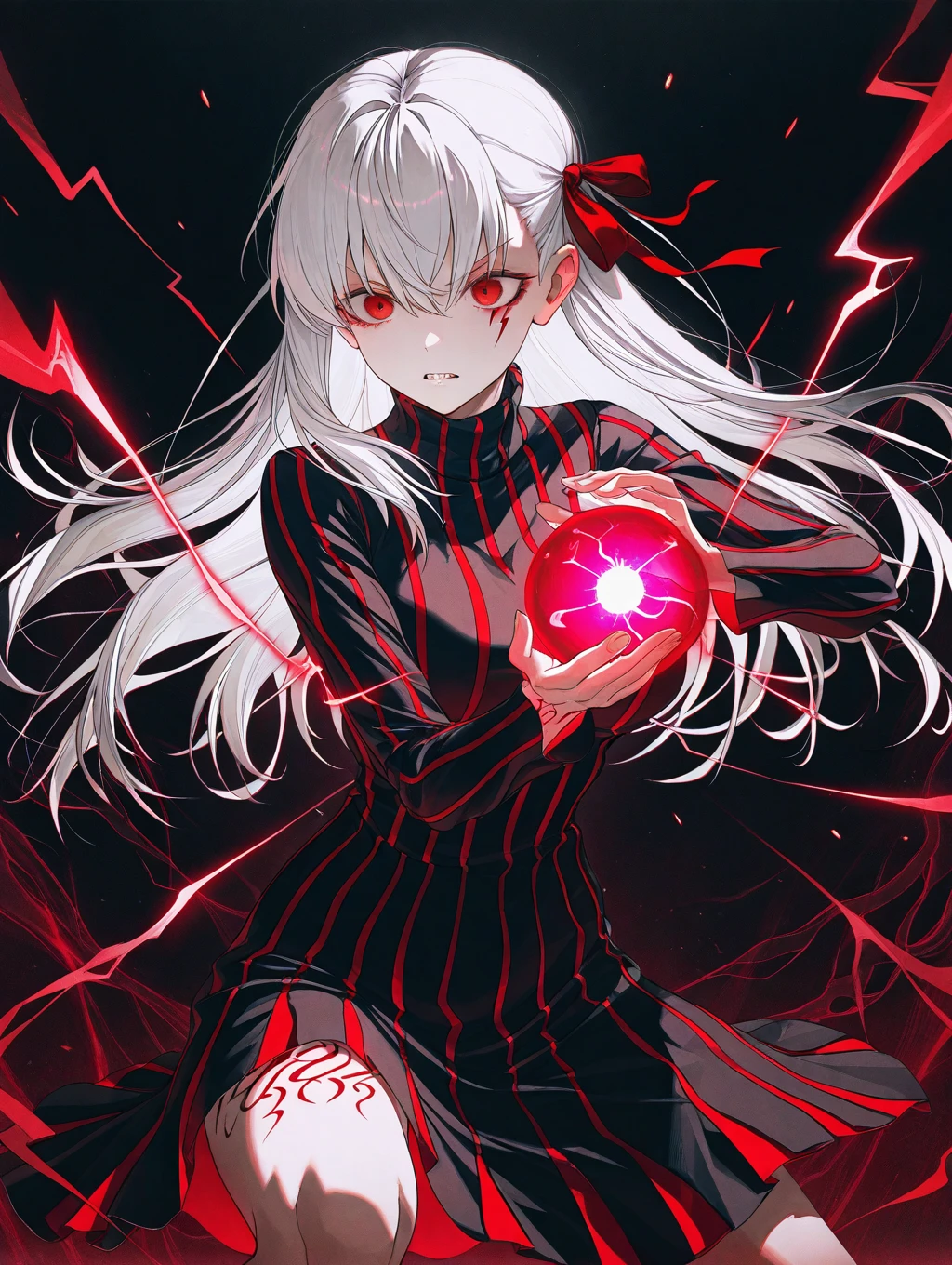 1girl, solo, black background, dark, wanke, z3zz4 Sakura Matou, white hair, red eyes, long hair, hair ribbon, body markings dark persona, corruption, red striped dress, long black dress, turtleneck teeth clenching, focus, serious, dynamic pose, fighting stance, holding dark energy, energy ball, red lightning, 
masterpiece,best quality,amazing quality,very aesthetic,absurdres,newest,