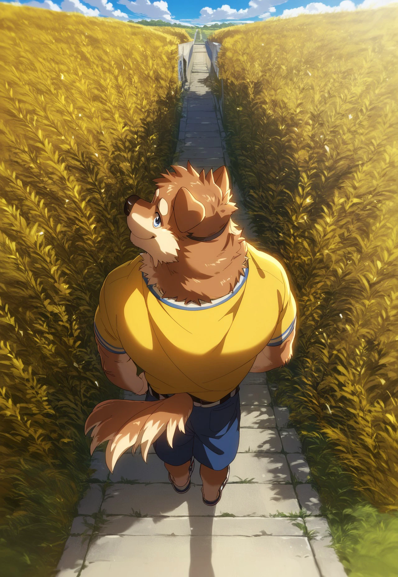 nviek, masterpiece, best quality, highly detailed, extreme detailed illustration, anime_coloring, score_9, score_6_up, score_8_up, score_7_up, masterpiece,1boy, furry male, solo focus, ((dog boy, dog tail, beige fur, blue eyes)), muscular, jersey, short pants, wind, breeze, looking back, wide brown field, grass, single tree, day, smile, cloud, tribal, depth of view, wide angle view, light ray, smile, professional shot, from above, view from above