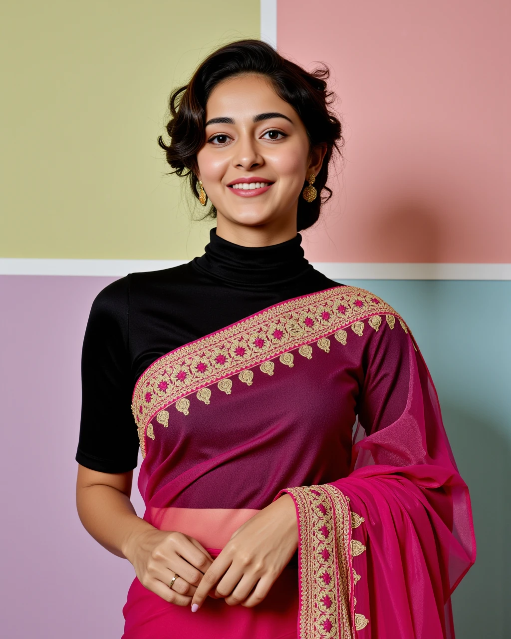 cowboy shot photo of Ananya Pandey woman,candid photo with natural colors, smiling expression on face,studio quality, wearing intricate elegant conservative turtleneck Black Dhoti Saree, curls, pastel shaded multicolored background, cinematic soft lighting<lora:TestBed\Ananya_Pandey_Flux_Kohya_V1.safetensors:0.8:0.8>