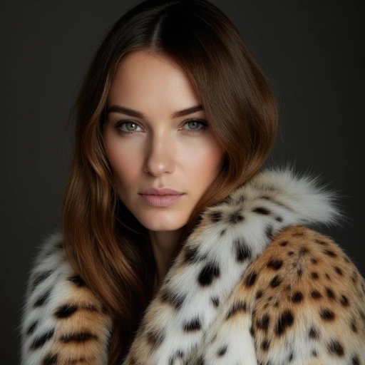 composed expression., with intricate patterns of brown and black spots, and black, This photograph features a woman with long, neutral makeup look with a focus on highlighting her eyes and lips. She gazes directly at the camera with a calm, plush texture and the intricate detailing of the fur. She has short, characteristic of a lynx or bobcat. The fur appears thick and plush, looking forward with a confident expression. She is dressed in a luxurious