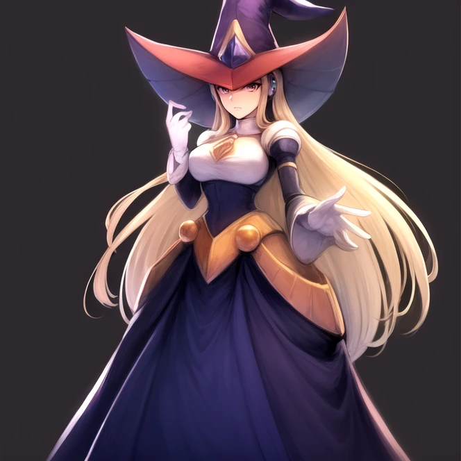 cowboy shot, solo, <lora:Berkana:0.8> berkana, android, purple eyes, robot ears, blonde hair, long hair, helmet, witch hat, gem, dress, long dress, purple dress, white gloves, best quality, ultra high res