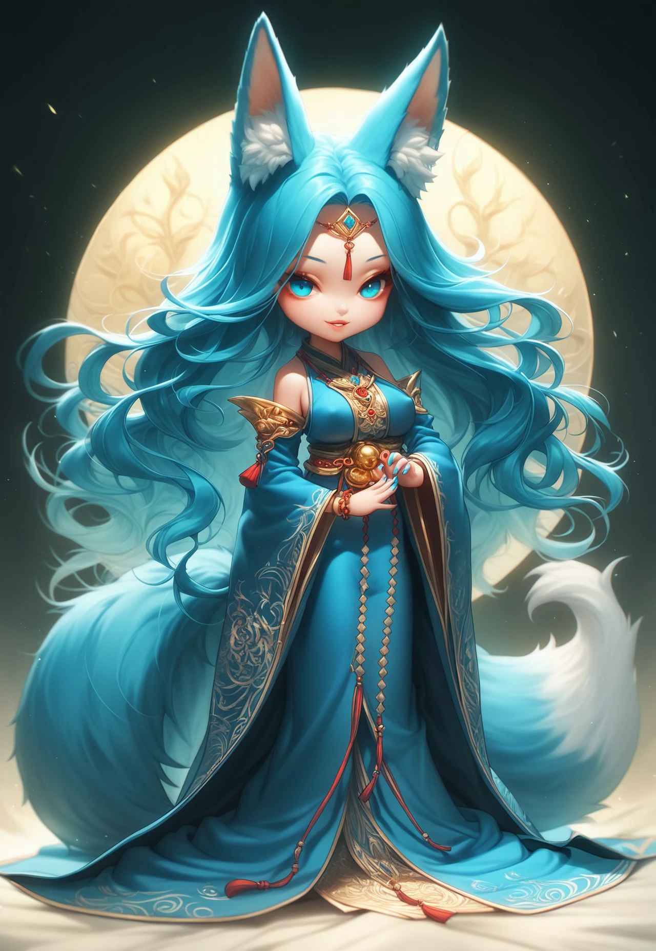 safe_pos, PonyXLV6_Scores BREAK 3rthch1b1, 1girl, solo, long hair, Kitsune, chibi, fox girl, looking at viewer, smile, blue eyes, blue dress, robes, cloak, gold accent, covered, cloak, veil, long sleeves, Fox tail, animal ears, jewelry, very long hair, blue hair, parted lips, shiny, cat ears, wide sleeves, nail polish, bracelet, covered nipples, lips, animal ear fluff, aqua hair, blue nails, long skirt, foxy vibes,