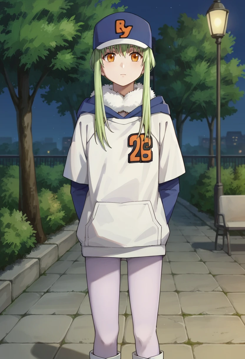 score_9,score_8_up,score_7_up,score_6_up,score_5_up,score_4_up,anime coloring,source_anime,<lora:Amber_Darker_than_Black_PonyXL:0.8>,dtbamber,1girl,solo,orange eyes,green hair,blue cap,sidelocks,two-tone hoodie,grey bodysuit,fur collar,white boots,standing,arms behind back,young,outdoors,park,night,looking_at_viewer,