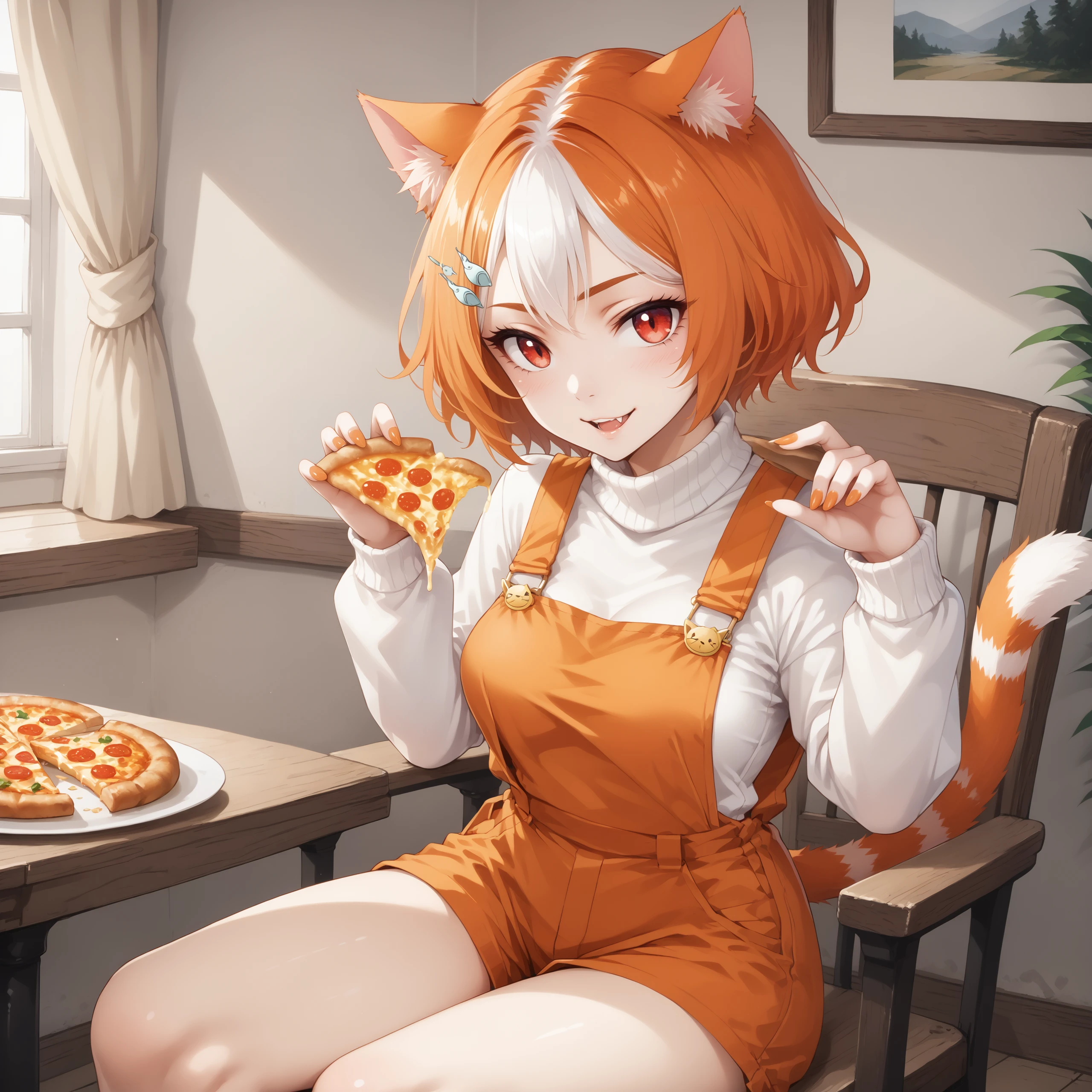 score_9, score_7_up,
BREAK,
(sitting, eating, pizza, chair cheese:1.2), smile, open mouth, happy, 
BREAK,
1girl, solo, tail, red eyes, cat tail, large breasts, cat girl, animal ear fluff, orange hair, multicolored hair, white hair, short hair, animal ears, tail, cat ears, fish hair ornament, hair ornament, hairclip, hair over ears, bangs, two-tone hair, orange overalls, overalls, white sweater, sweater, long sleeves, turtleneck, turtleneck sweater, painted nails, orange fingernails <lora:PonyOct_Marsey:0.9>, , ricegnat, <lora:PonyOct_Ricegnat:0.4>,<lora:Pony_old_reddit_sketch_1280_10k:0.3>, <lora:PonyAug_monori_rogue:0.2>, uncensored, 10s, 20s