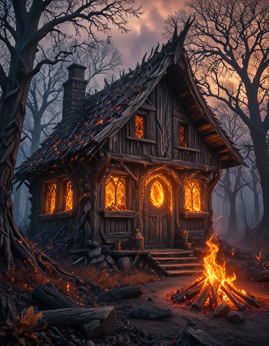 novuschroma style groot next to a creepy old cabin with fire embers <lora:118_novuschroma_1:1>, <lora:sdxl_lightning_8step_lora:1>