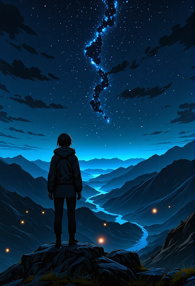 midnight scene of a lone traveler gazing into the distance. The scene showcases a sky filled with shimmering stars and constellations, with rolling mountains in the background.   The lighting casts moody blue tones, enhancing the surreal beauty of the landscape. The figure is dressed in a futuristic outfit, adding a feeling of freedom. Small details, like glowing fireflies hovering in the air, bring an extra layer of magic and realism to the scene.}bv-stuanilan<lora:bv-stunning-anime-landscape-v1.safetensors:1.0:1.0>