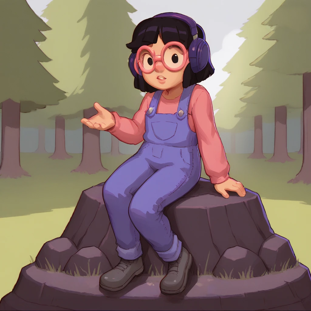 score_9, score_8_up, BREAK, Valerie, 1girl, solo, black hair, short hair, black eyes, headphones, round eyewear, pink t-shirt, long sleeves, blue overalls, black footwear,  <lora:Valerie_RE_Spelunky2_PXL_Leaf1:1>, outdoors, forest, looking at viewer, sitting on rock, arms at sides,