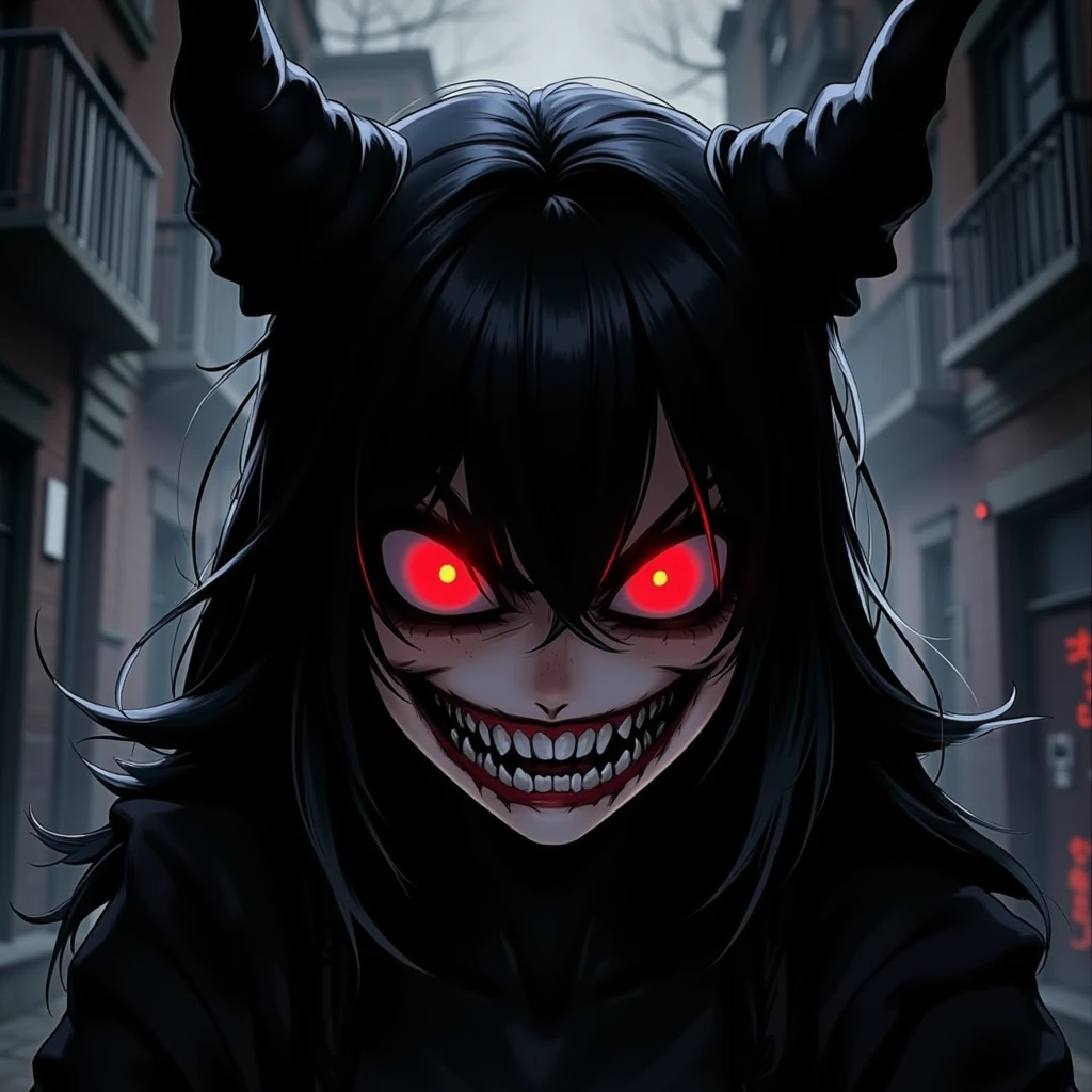 hfneonanimedemongirl,scary solid black and buffed up shadow little girl demon creepily smiling, artstation, anime artstyle, ominous, scary, sharp teeth, darkness