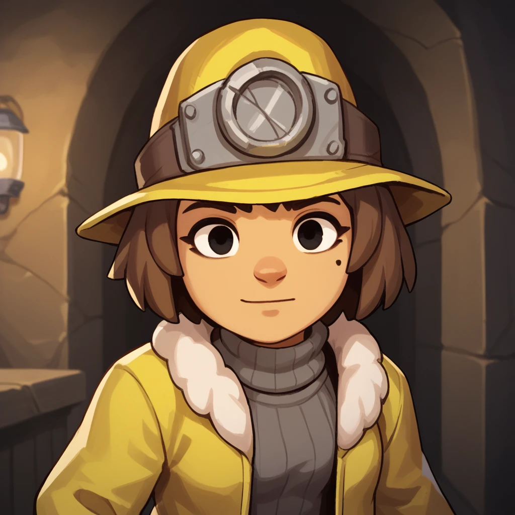 score_9, score_8_up, BREAK, Ana, 1girl, solo, brown hair, short hair, black eyes, hat, turtleneck sweater, yellow jacket, fur collar, upper body,  <lora:Ana_Spelunky2_PXL_Leaf1:1>, looking at viewer, cave interior,