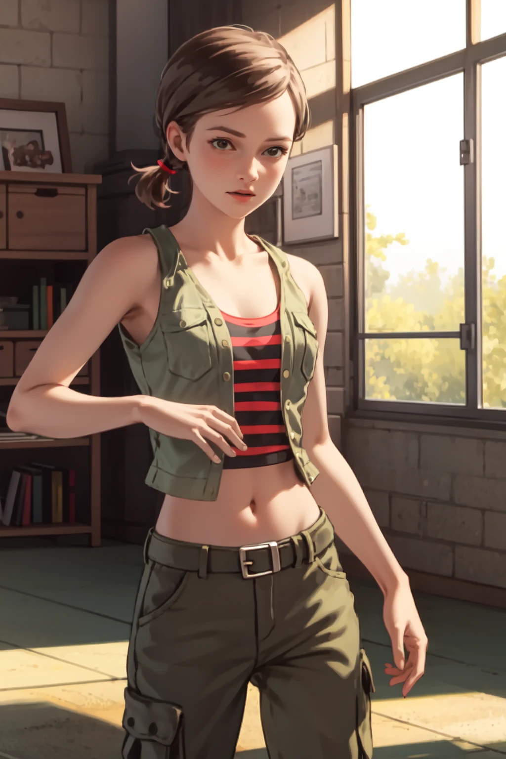 jess harding, 1girl, solo, teen, cowboy shot, dynamic pose, high quality, highres, masterpiece, detailed, open shirt, tank top, pants, midriff, short sleeves, short twintails, striped tank top, red tank top, brown shirt, green pants