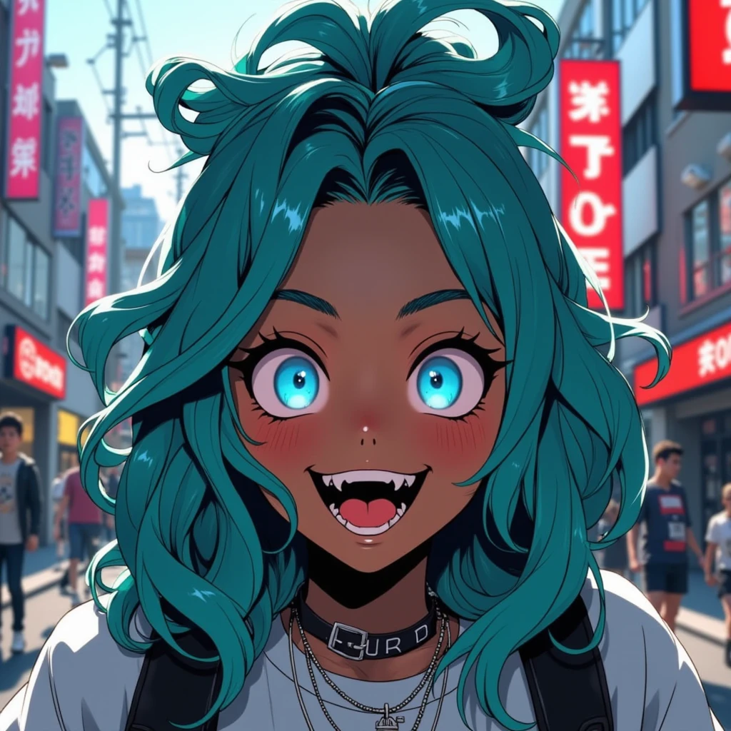 hfneonanimedemongirl,black anime girl with teal ombre hair, looking up at camera from below, smiling with her eyes wide and blushing, wearing Korea street clothes