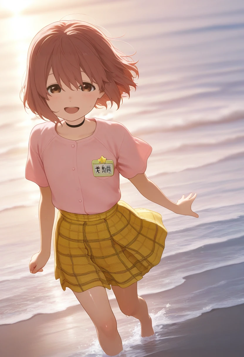 1girl, nishimiya shouko, brown eyes, brown hair, short hair, bob cut, flat chest, <lora:Nishimiya_Shouko-04:1>, pink shirt, plaid skirt, yellow skirt, short sleeves, name tag, looking at viewer, solo, black choker, cowboy shot, :d, arms at sides, backlighting, bare legs, barefoot, beach, blush, day, floating hair, foreshortening, full body, happy, ocean, open mouth, outdoors, smile, standing, star (symbol), wading, water drop, volumetric lighting, shiny skin, humid skin, BREAK, best quality, amazing quality, highres, absurdres, very aesthetic, high resolution, ultra detailed, perfect details <lora:nyalia:0.4>