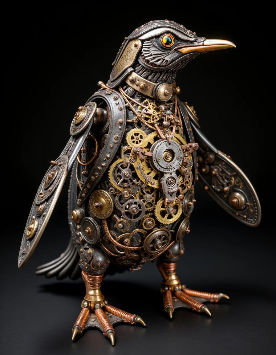 clckwrk, steampunk penguin with body covered in iron and brass gears, tiny metallic flippers with intricate clockwork, glowing eyes, adorable yet mechanical, contrasting textures, highly detailed, dark background, close-up view with soft natural light,  <lora:mechanica_v42_rank32_bf16-step00456:1>