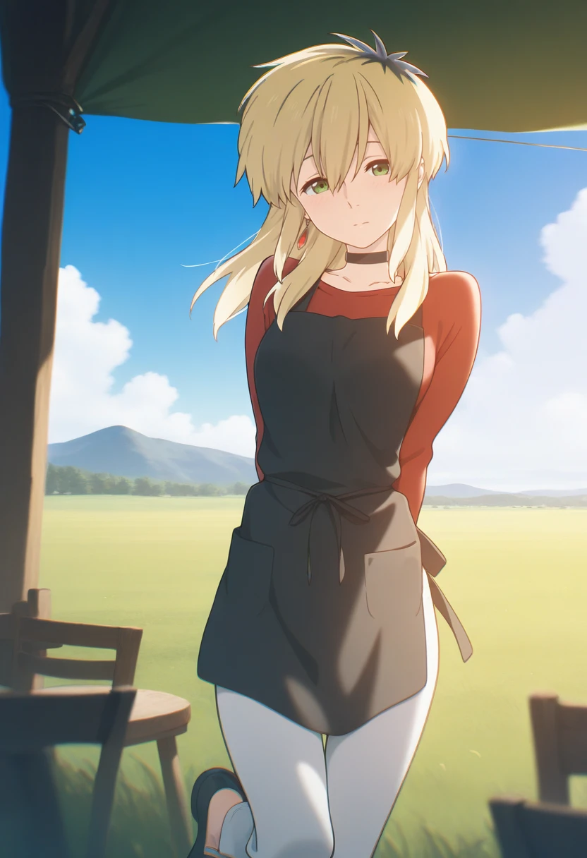 1girl, ishida miyako, blonde hair, green eyes, long hair, multicolored hair, two-tone hair, hair between eyes, black hair, medium breasts, <lora:Ishida_Miyako-04:1>, earrings, white pants, black apron, red shirt, looking at viewer, solo, black choker, cowboy shot, blue sky, blush, chair, cloud, day, grass, head tilt, mountain, outdoors, standing on one leg, tent, volumetric lighting, shiny skin, humid skin, BREAK, best quality, amazing quality, highres, absurdres, very aesthetic, high resolution, ultra detailed, perfect details <lora:nyalia:0.4>