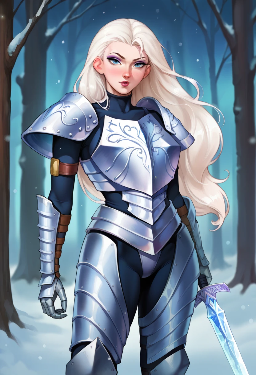 score_9,score_8_up, score_7_up, BREAK arolsa, 1girl, fuchsia lips, white hair,white skin, long hair, blue eyes, purple eyeshadow, cowboy shot,looking at viewer, ice armor, light blue armor, cuirass, greaves, shoulder armor, gauntlets, snow, snowing, forest,full armor,cuisses, faulds,holding sword, ice sword <lora:AromaCharsPony:1>