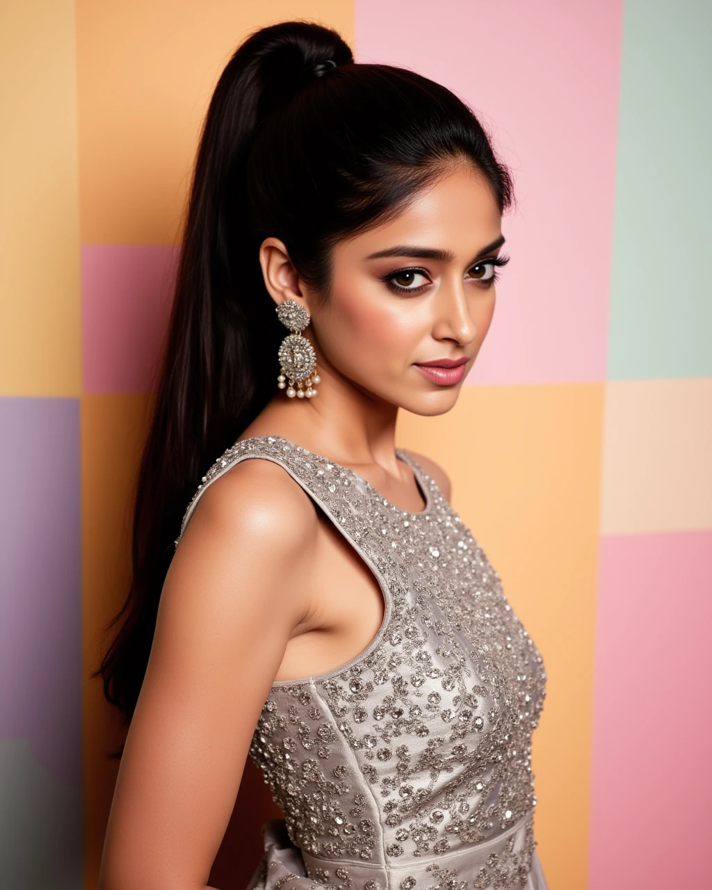 headshot photo of Ileana DCruz woman,candid photo with natural colors, pouting expression on face,studio quality, wearing intricate elegant Silver sleeveless Phulkari Suit, high ponytail, pastel shaded multicolored background, cinematic lighting<lora:TestBed\Ileana_Dcruz_Flux_Kohya_V1-000005.safetensors:1.0:1.0>