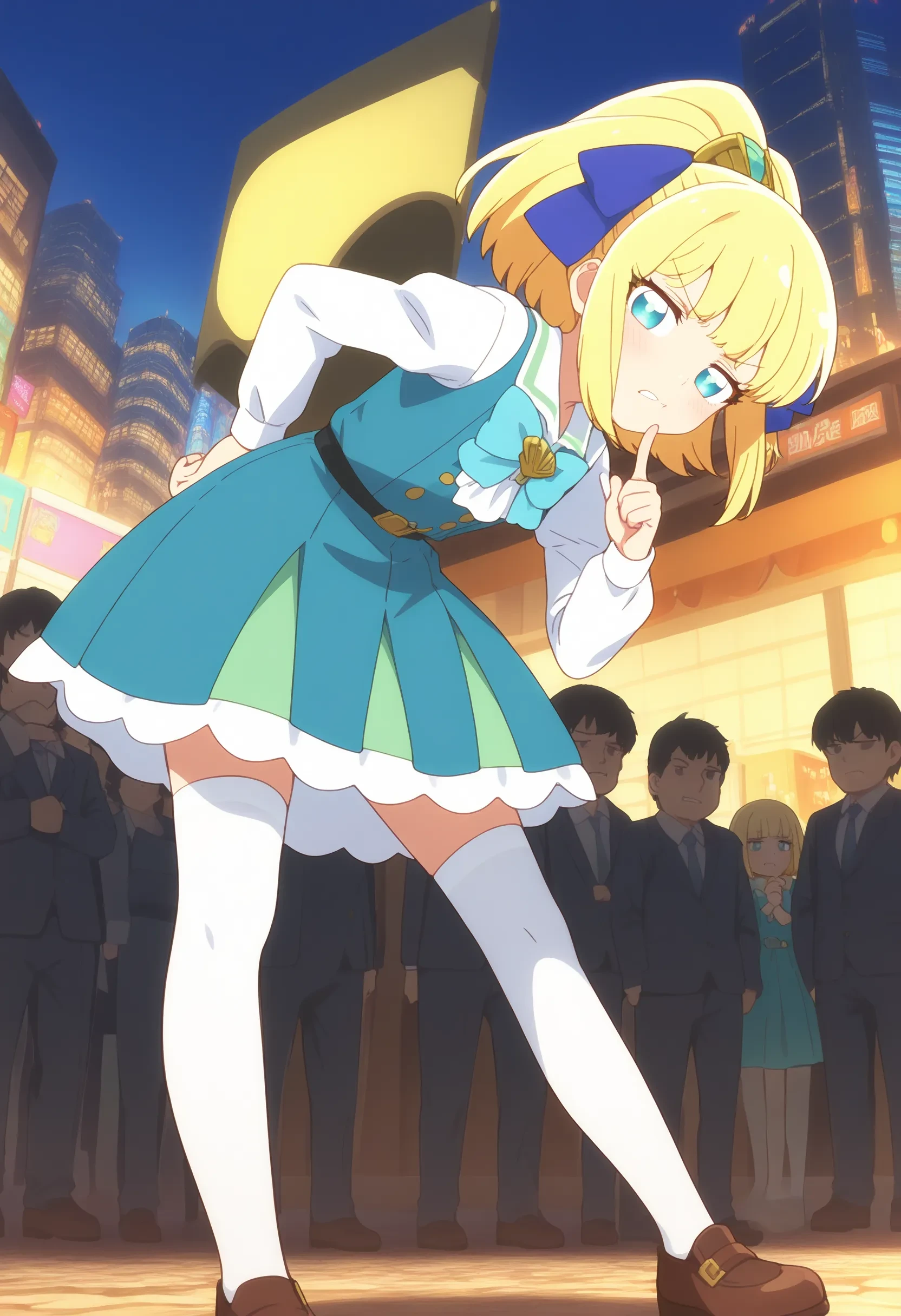 1girl, okanega_arisu, blonde hair, ponytail, hair ribbon, hair ornament, aqua eyes, aqua dress, white sleeves, bowtie, thighhighs, brown shoes, 
standing, hand on own chin, looking at viewer, leaning forward, arm behind back, index finger raised, Annoyed, Mouth turned down slightly, eyes narrowed, and a tense jaw., solo, solo focus, outdoors, city, crowd, audience, 
masterpiece, best quality, absurdres, unity 8k wallpaper, official art, official style, source_anime, uncensored, anime screencap, anime coloring, (ai-generated:0.6) <lora:PKS-okanega_arisu_XL(ill)v10:1>