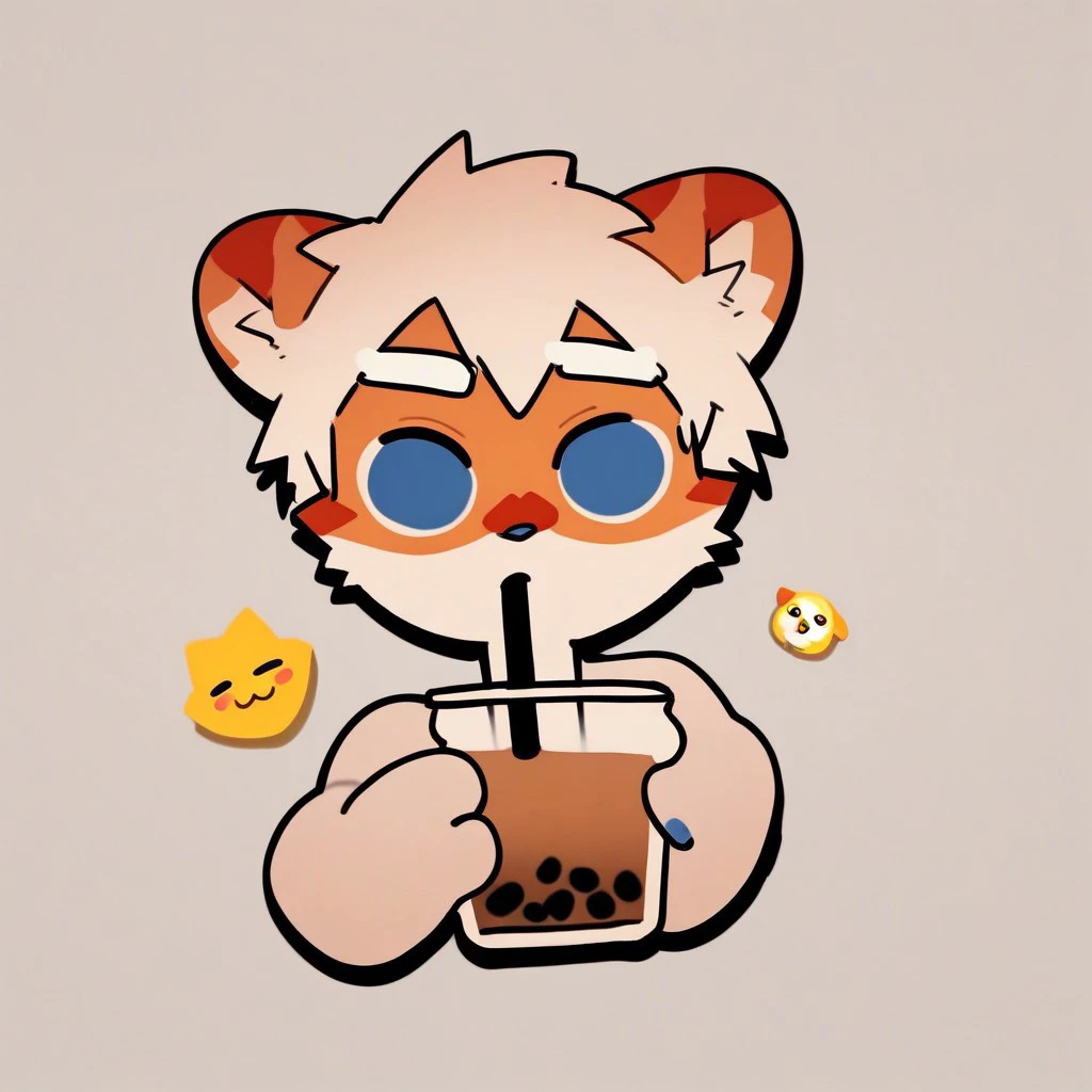 score_9_up, score_8_up, score_7_up,  milkytiger, tiger ears, tiger boy, white eyebrows, blue eyes, 1boy, solo, pin, mikus-style, emoji, stickers, holding, bubble tea