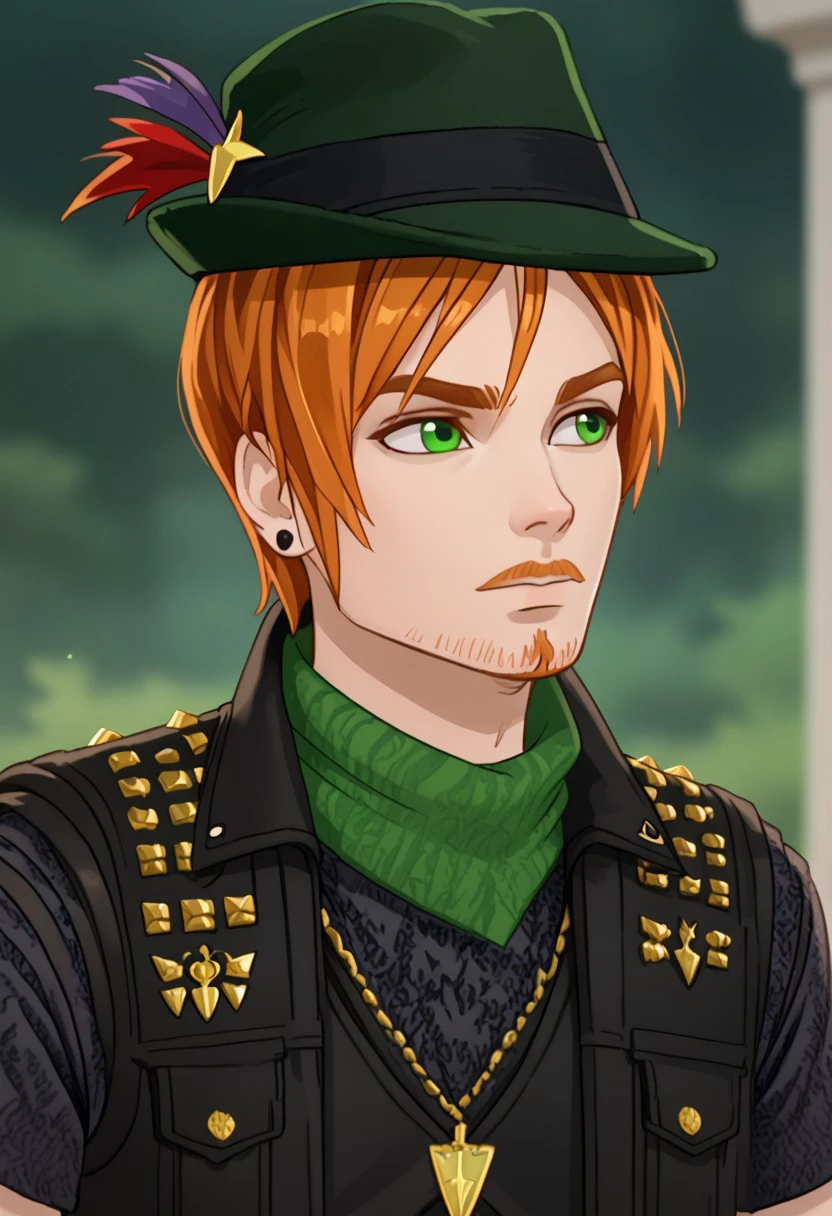 Sparrow hood, Ginger head, green eyes, goatee on chin only, ear piercings, male, vest, hat, portrait