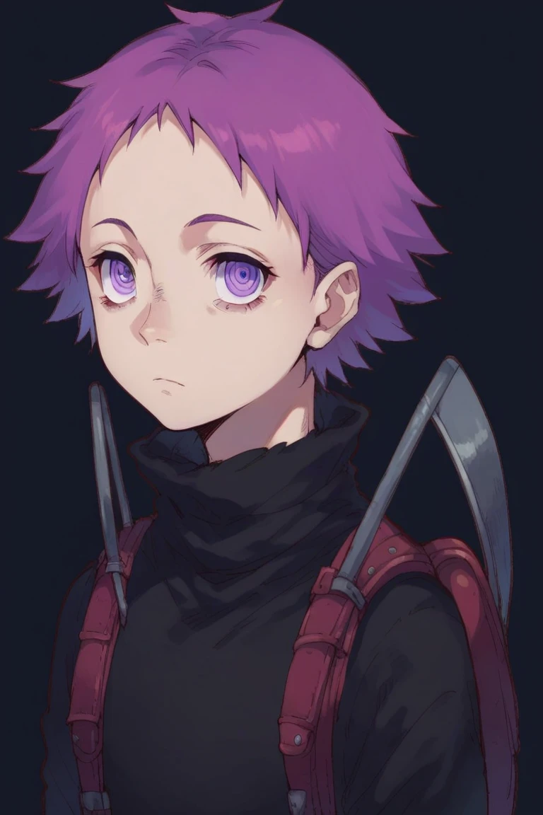 score_9, score_8_up, score_7_up, 1girl, solo, 3bisu, purple hair, short hair, purple eyes, ringed eyes, sweater, turtleneck, backpack, looking at viewer, expressionless, portrait, simple background, dark blue background, side view