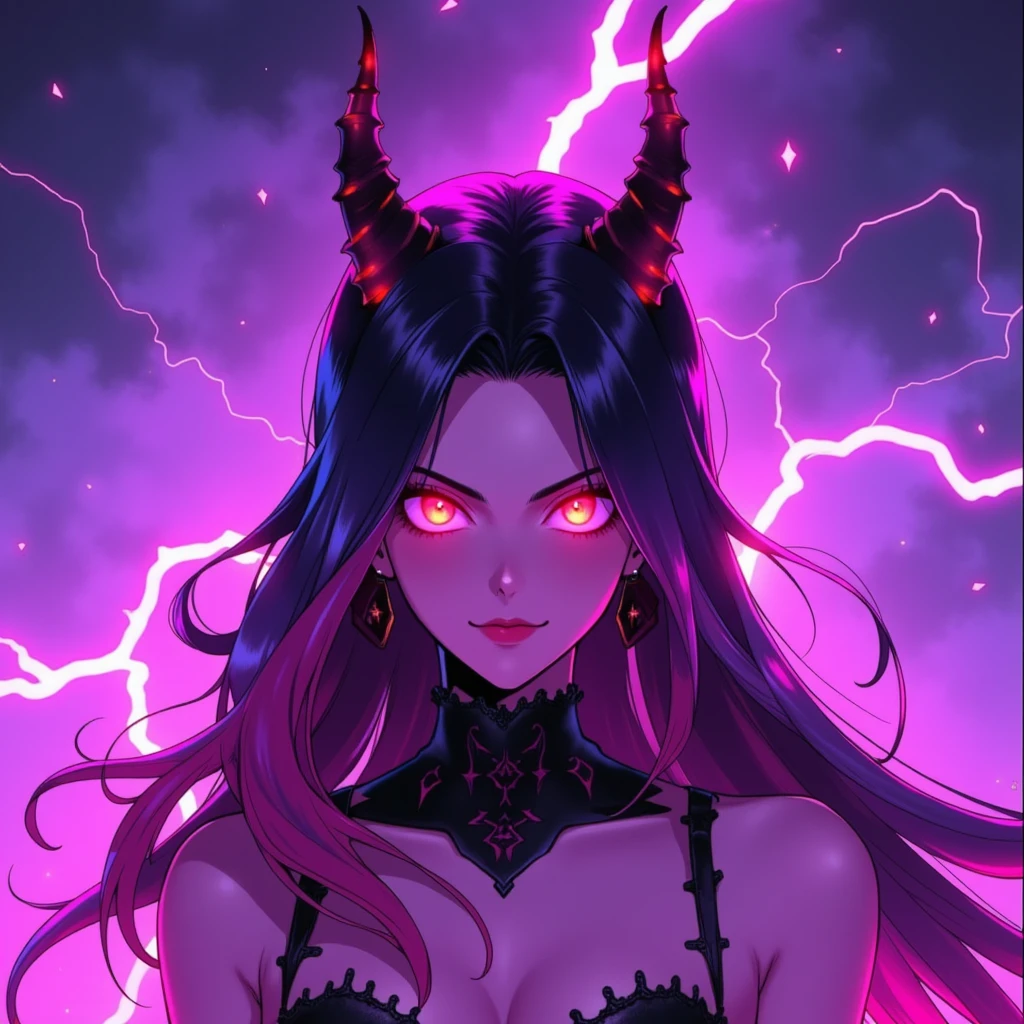 hfneonanimedemongirl,Anime female demon with horns photo in purple-pink color shrouded in lightning in anime style