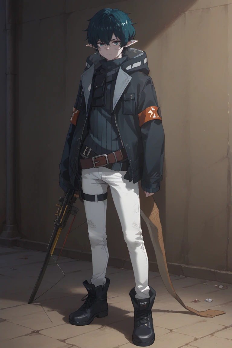 score_9, score_8_up, score_7_up, score_6_up, score_5_up,score_4_up , 
faust, green hair, green eyes, pointy ears, scales, 1boy, male focus, solo, weapon, black footwear, jacket, pants, full body, hood, standing, armband, hood down, belt,, black jacket, boots, short hair, closed mouth, sleeves past wrists, RIBBED SWEATER