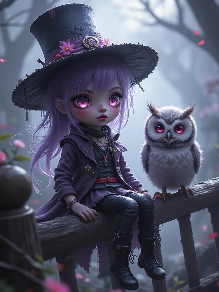 cg,A whimsical, gothic, and kawaii style art scene featuring a cute little girl with messy long hair sitting on the fence with her fluffy owl beside her. She wears a top hat, styled by Artgerm, leather pants, buckled boots. The color palette includes purples, pinks, blacks, green and lavenders, with touches of white. She has marbled lipstick. The setting is magical and enchanting, like a moonlit forest or mystical castle, reminiscent of Anton Semenov's work.