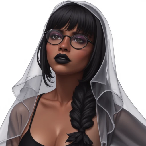 bangs, black lips, veil, outdoors, black-framed eyewear, dark skin, dark-skinned female, white background, hand on hip