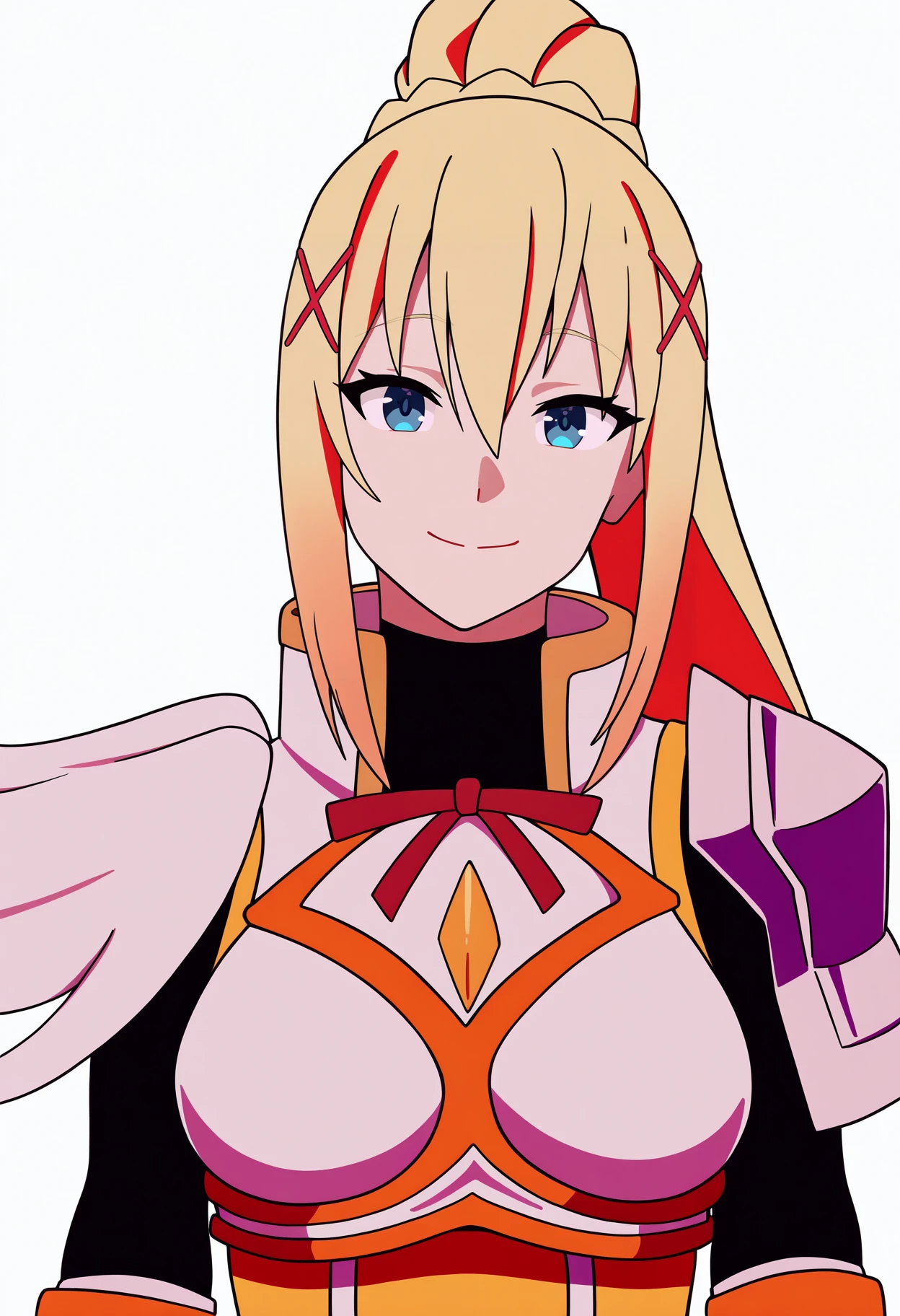 best quality, amazing quality, very aesthetic, absurdres,
1girl, darkness \(konosuba\), blonde hair, braid, ponytail, long hair, blue eyes, hair between eyes, x hair ornament,
armor, armored dress, bodysuit, shoulder armor,
upper body, smile, solo, looking at viewer, simple background, white background   <lora:DarknessKonosubaIllustriousXL_byKonan:1>