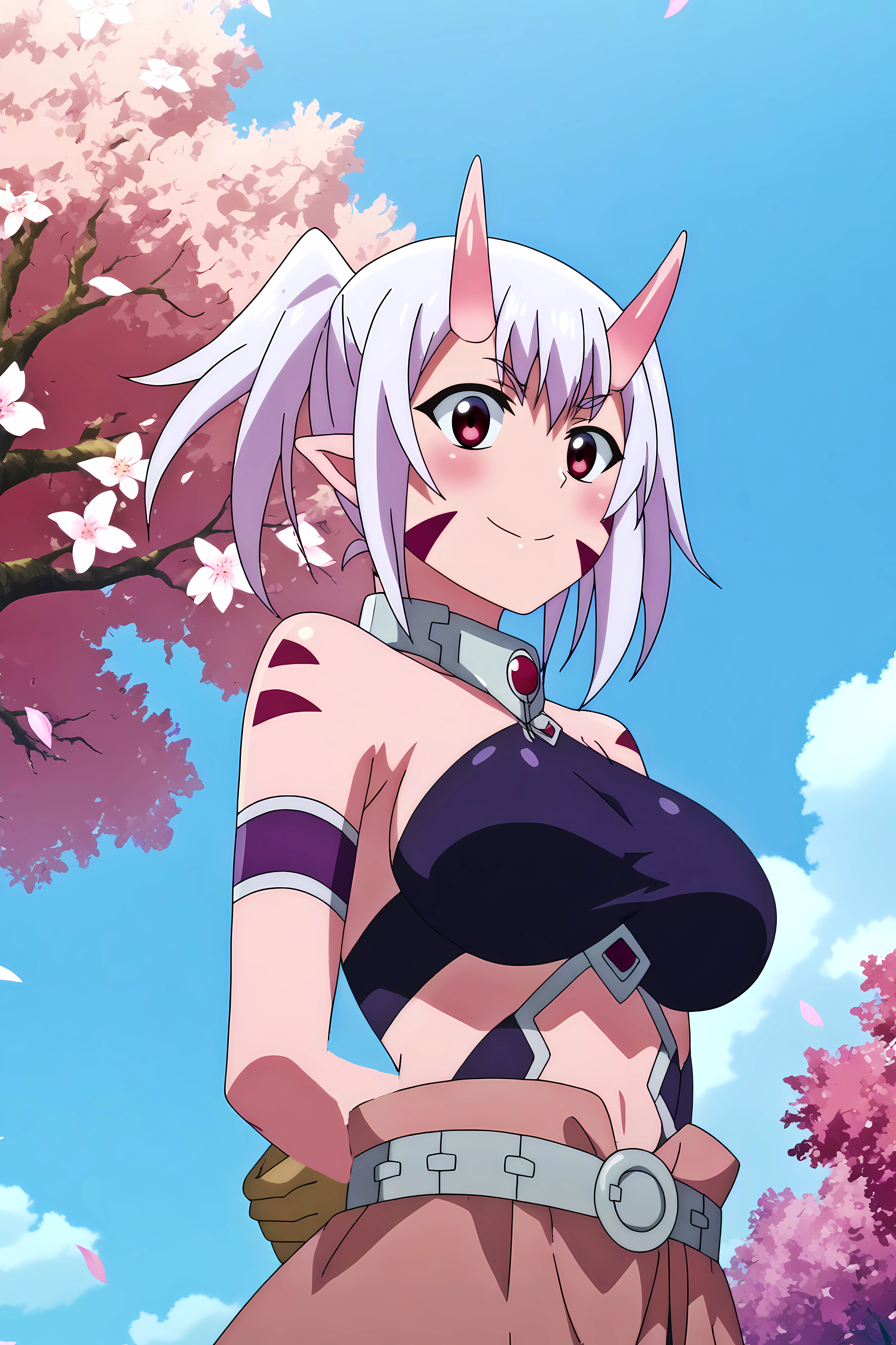 lisa alpacas,1girl,solo,horns,colored skin,smile,oni,pink skin,oni horns,twintails,gloves,pointy ears,breasts,facial mark,breasts,large breasts,long hair,white hair,large breasts,smile,mature,upper body,arms_behind_back

BREAK
outdoors,cherry_blossoms,blue sky,cloudy_sky,sunlight, pink flower,flower field



<lora:Lisa_Alpacas_-_Peter_Grill_to_Kenja_no_Jikan.safetensors:0.8>
<lora:detailed_backgrounds_v2.safetensors:0.5>