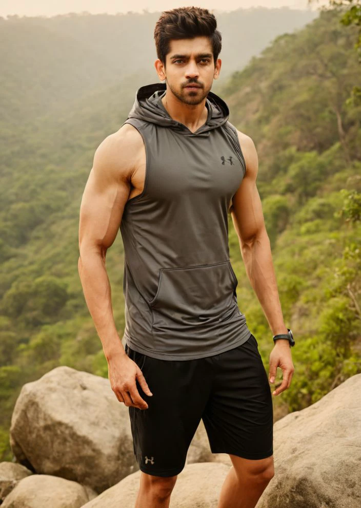 photo of Avinash Mishra a man <lora:Avinash-Mishra:1>,  wearing a sleeveless well-fitted under armour hoodie and compression shorts, standing on a boulder, outdoor trail, 35mm photograph, film, bokeh, professional, 4k, highly detailed, creek in the background, natural lighting, golden hour