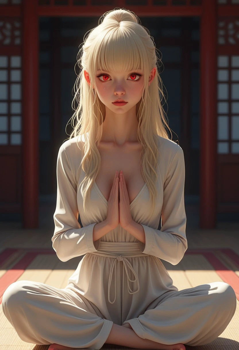 Lea, 1girl, fair, porcelain-like skin, long platinum-blonde hair with bangs that frame her face, petite, slender figure, small nose, small breast, red eyes, 
Yoga pose, simple background. full body image